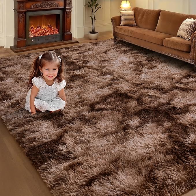 AROGAN Shag Brown Area Rug for Bedroom, 4x6 Feet Washable Non-Slip Modern Indoor Floor Carpet, Plush Memory Foam Beside Rug for Kids Girls Teens Room Low Pile Decor, Coffee