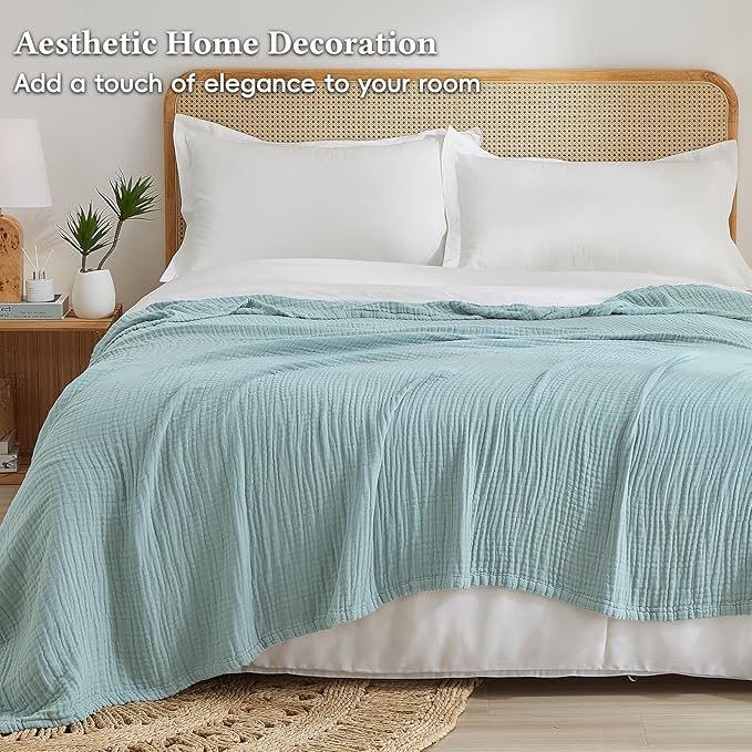 David's Home Soft Muslin Blanket Queen Size for Adults, 60% Rayon 40% Cotton, Breathable Lightweight Cooling Blanket for Hot Sleepers, 4-Layer Cozy Gauze for Bed, 90"x90", Teal Blue