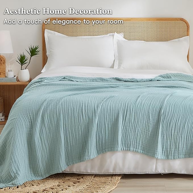 David's Home Soft Muslin Blanket Twin Size for Adults, 60% Rayon 40% Cotton, Breathable Lightweight Cooling Blanket for Hot Sleepers, 4-Layer Cozy Gauze for Bed, 66"x90", Teal Blue