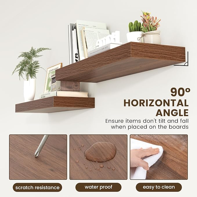 FLYJOE 36'' x 12'' Walnut Floating Shelves Set of 1 | 12 Inch Deep Floating Shelves for Wall, Rustic 36 Inch Walnut Shelves for Books, Deep Shelves for Bathroom Laundry Kitchen