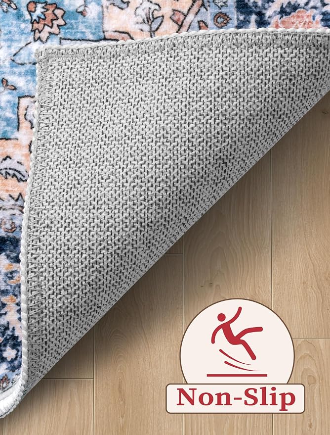 SERISSA Runner Rug for Hallways, 3x10 Washable Non Slip Kitchen Runner Rug, Long Boho Rug Vintage Blue Orange Hallway Stair Ultra Soft Print Floor Carpet for Bedroom Bathroom Laundry Room