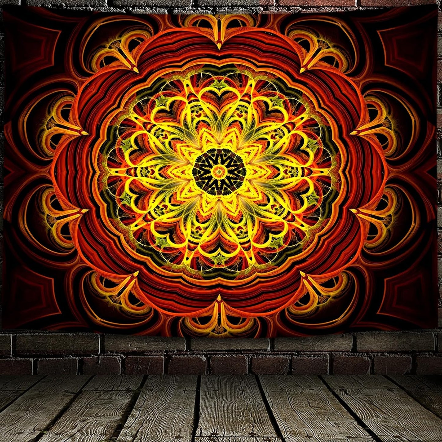 Blacklight Mandala Tapestry Wall Hanging, Psychedelic Black Light Posters for Adults and Teens, UV Reactive Aesthetic Golden Art for Bedroom (60 x 50 Inches)