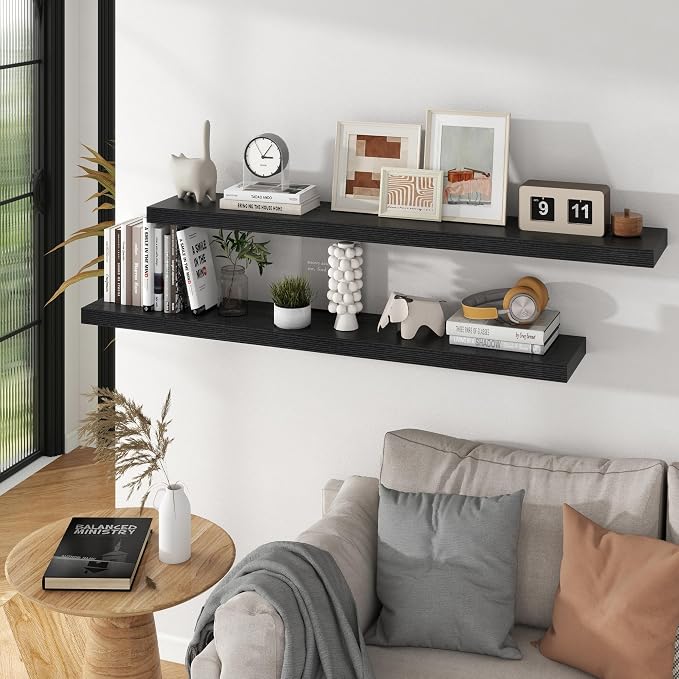 55 inch Floating Shelves for Wall, 9.3in Deep Black Shelves Wall Mounted Floating Shelf, Extra Long Wall Shelf for Living Room, Kitchen, Office, Floating TV Stand, 2 Packs