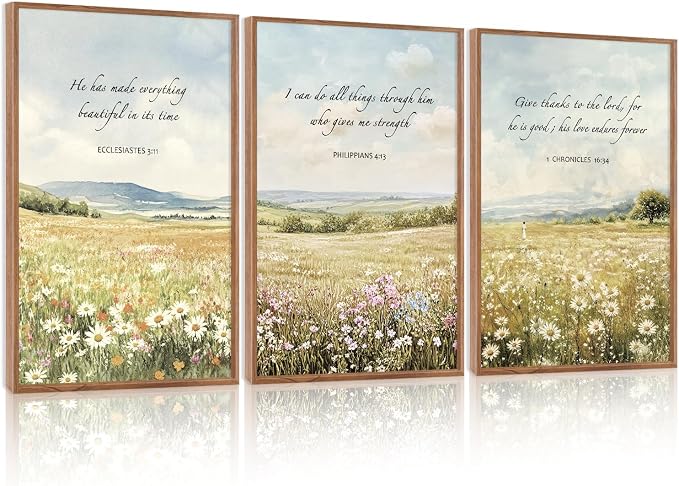 LHIUEM Christian Flowers Framed Canvas Wall Art,Vintage Bible Verse Wall Decor,Religious Jesus Prints,Natural Scripture Artwork for Living Room,Bedroom,Dining Room -24"x36"x3