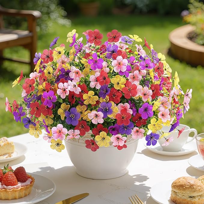 Alupssuc 20 Bundles Artificial Flowers for Outdoor Indoor Decoration, UV Resistant No Fade Fake Plants Eucalyptus, Colorful Faux Spring Flowers for Outside Yard Porch Patio Garden Home Window Box