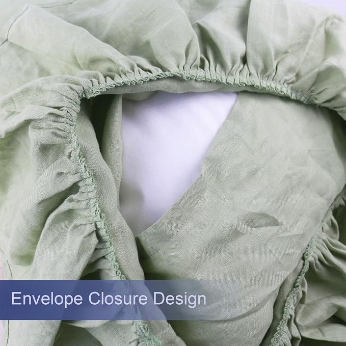 Bean Green Ruffles Linen Pillowcase, 100% French Linen Pillow Cover, King Size 1 Piece Farmhouse Shabby Chic Pillow Case, 20''x36'' Pillowcase with Decorative Ruffle Envelope Closure