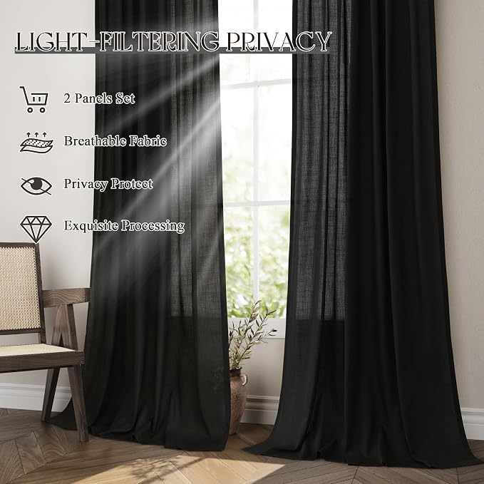 Jowels Black Linen Curtains 102 Inch Long 2 Panels for Living Room | Light Filtering Semi Sheer Curtain, Back Tab Pocket Pleated Look, Boho Farmhouse Textured Privacy Drapes for Bedroom Window