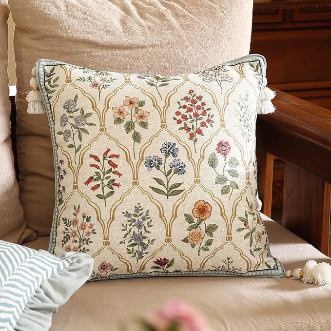 ISAENNE Designer Linen Throw Pillow Cover,Set of 2,18"x18"-Serenity B | Vintage Elegant Square Decor Pillow Cover,Concealed Zipper Design,Colorful Floral Pattern,Sofa,Bedroom,Living Room,Chairs