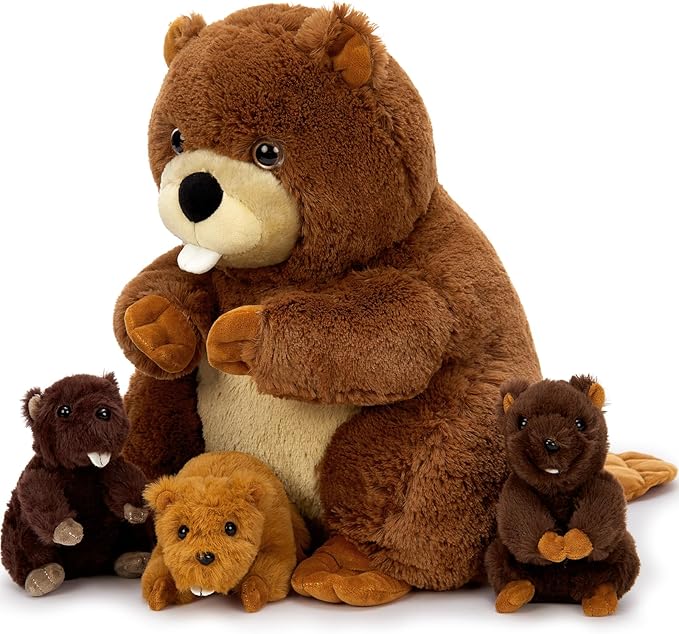 MaoGoLan 4Pcs Beaver Stuffed Animals with Three Babies Inside,17.7" Fluffy Giant Beaver Plush Gift,Funny Beave Plushie Woodland Toys for Kids,Teens,Baby Shower,Christmas
