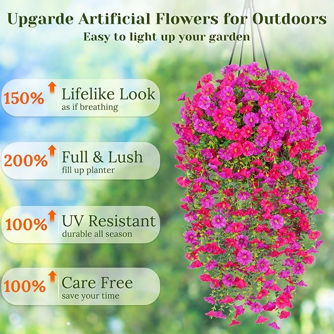 Dolicer 4 Packs Look Real Artificial Flowers for Outdoors, Fake Artificial Hanging Flowers for Outdoors Realistic UV Resistant Faux Hanging Flowers Silk Petunia for Porch Patio (Fuchsia+Rose Red)