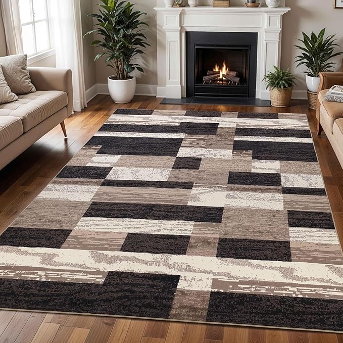 Superior Indoor Area Rug, Plush Carpet Cover, for Kids or Pets, Hallway, Entryway, Living Room, Dining, Bedroom, Office, Kitchen, Modern Geometric Patchwork, Rockwood Collection, 12' x 15', Chocolate
