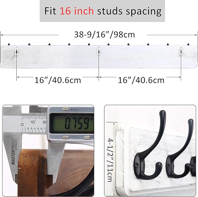 WEBI Coat Rack Wall Mount,10 Hooks,38 9/16" Long Coat Hooks Wall Mounted,16" Hole to Hole,Large Wood Coat Hanger Wall,Hook Rack for Hanging Coats,Jacket,Clothes,Hats,Black/White,2 Packs