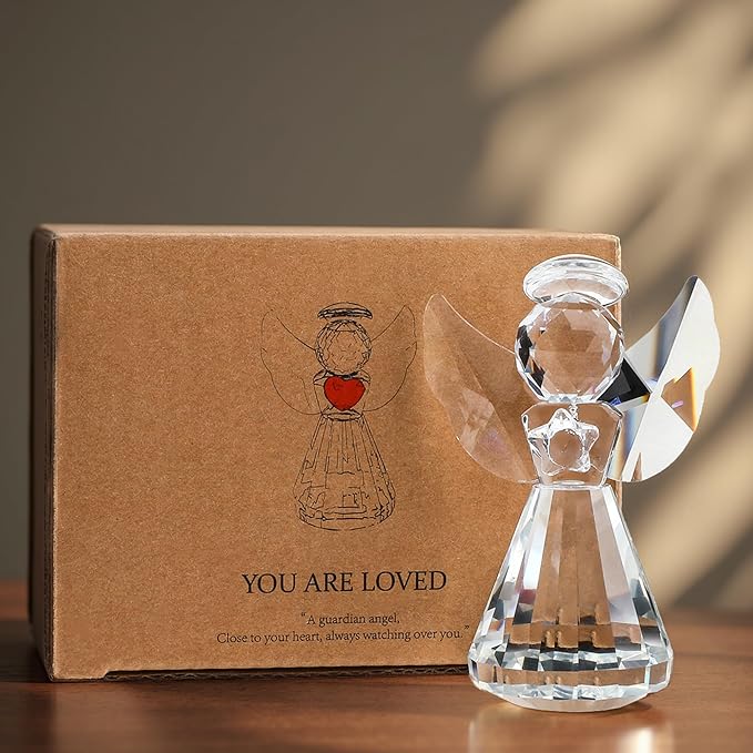 3.3in Glass Angel Figurines Crystal Guardian Angel Gifts for Women Clear Angels Collectible Decor Gift for Valentines, Mother's Day, Birthday