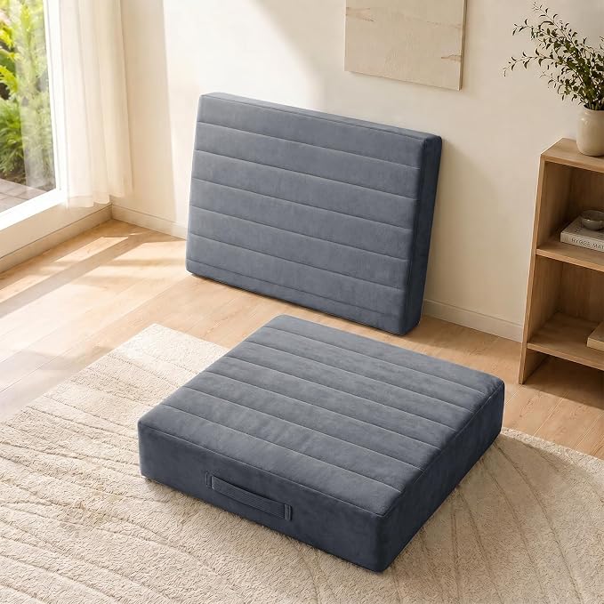 JKMAX 2 Pcs High Density Foam Floor Pillow - Upgraded Large Pillows Seating for Adults - Outdoor Floor Cushion with Soft Tufted Cover - Yoga Pillows for Sitting On Floor - 22 Inch Grey