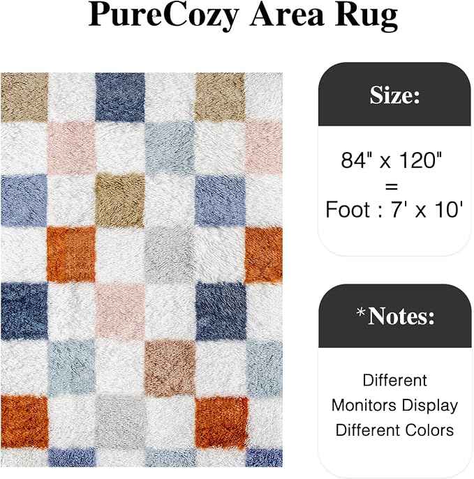 PureCozy Checkered Rug 7x10 for Living Room, Modern Rainbow Shag Rug Washable Non-Slip Large Area Rug Super Soft Indoor Fuzzy Carpet Fluffy Rugs for Bedroom Home Aesthetic Decor