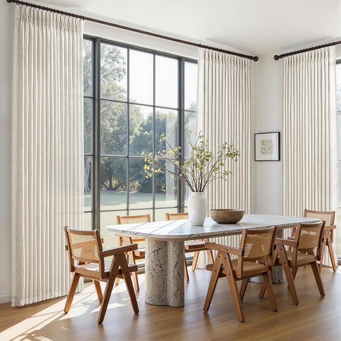 Extra Long 120 Inch Cream Beige Pinch Pleated Curtains for Living Room 4 Panels Set, Memory Trained Thick Linen High Ceiling Curtain for Sliding Glass Doors Light Filtering Semi Sheer Luxury Drapes