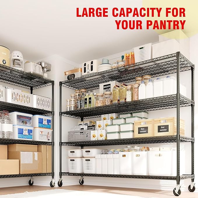 4-Tiers Storage Shelves 59" W Heavy Duty Garage Shelving Units with Adjustable Shelf and Wheels, 2640LBS Capactiy Wire Shelving Rack for Garage Pantry Kitchen Industrial