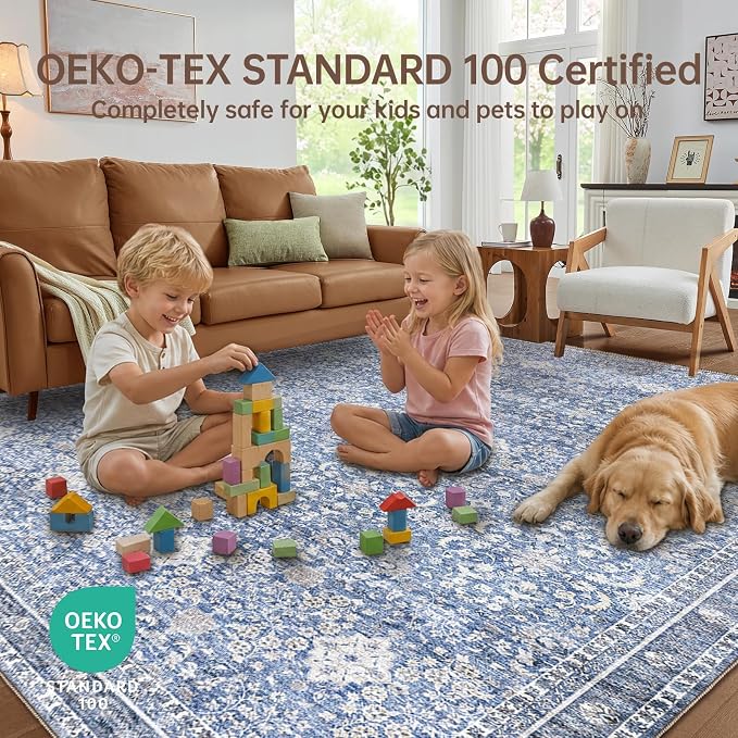 Sasttie 6x9 Area Rugs, Ultra-Soft Washable Rug, Low Pile Foldable Thin Carpets with Non-Slip Backing, Skin-Friendly Stain Resistant Carpet for Living Room, Bedroom, Kitchen, Dorm, 6x9, Blue