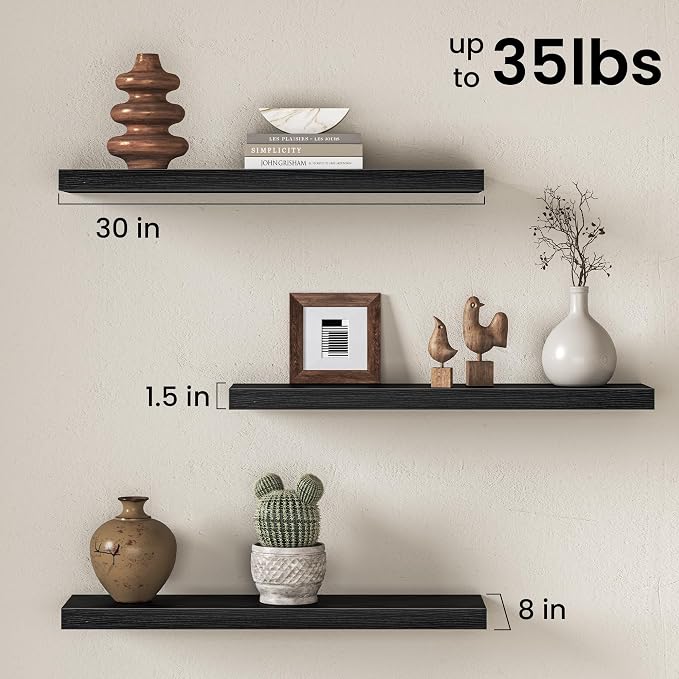 30" Floating Shelves for Wall, Set of 3, 8" Deep, 1.5" Thick, Black | Rustic Wood Wall Shelves with Invisible Brackets, Storage and Display for Bathroom, Bedroom, Living Room or Kitchen