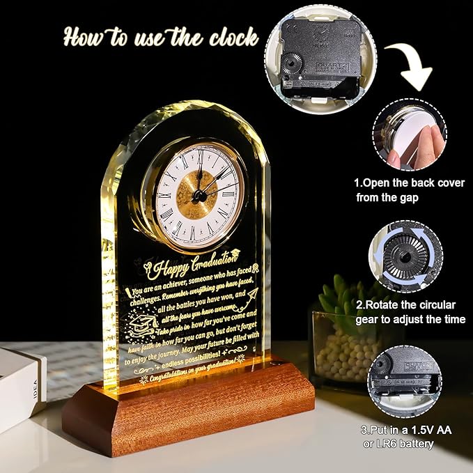 Arikyrist Glass Clock Graduation Gifts for Women Men with Wooden Light Base Class of 2026 Graduation Keepsakes for Her Him Inspirational Gifts Idea for College High School PHD Masters Degree