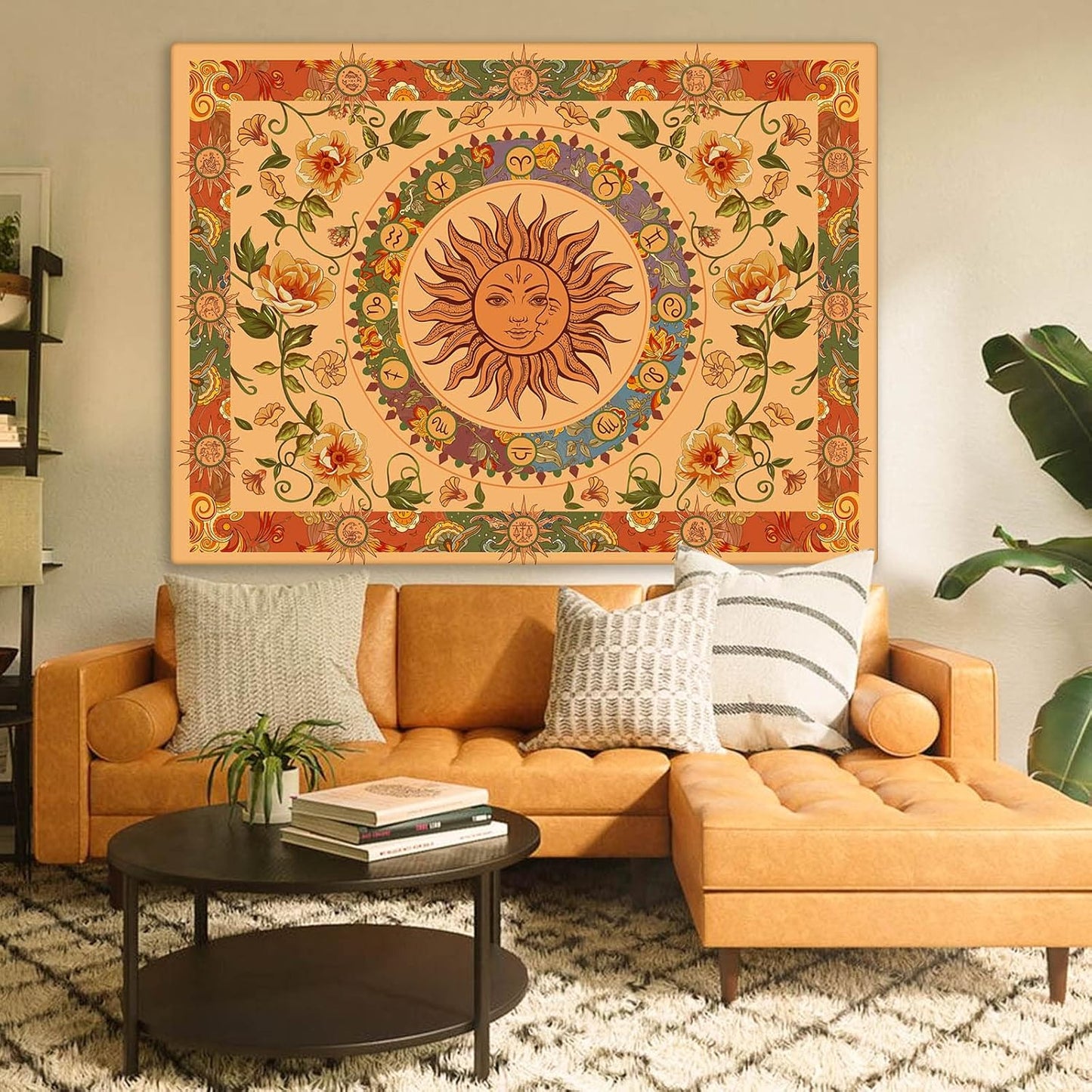 Aipon Yellow Sun and Moon Tapestry Hippie Indie Tapestries Boho Orange Flower Floral Tapestry Wall Hanging Cool Vintage Aesthetic Wall Tapestry for Bedroom Living Room Dorm (48'' × 36'', Orange)