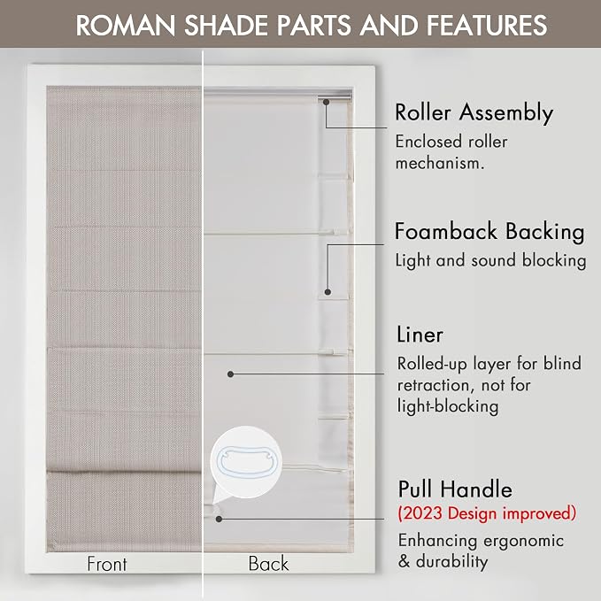 Madison Park Galen Cordless Roman Shade, 35"W x 64"H, Sheen Taupe – Room Darkening, Thermal Insulated, Energy Efficient Window Blind with Subtle Sheen Basketweave Fabric for Privacy