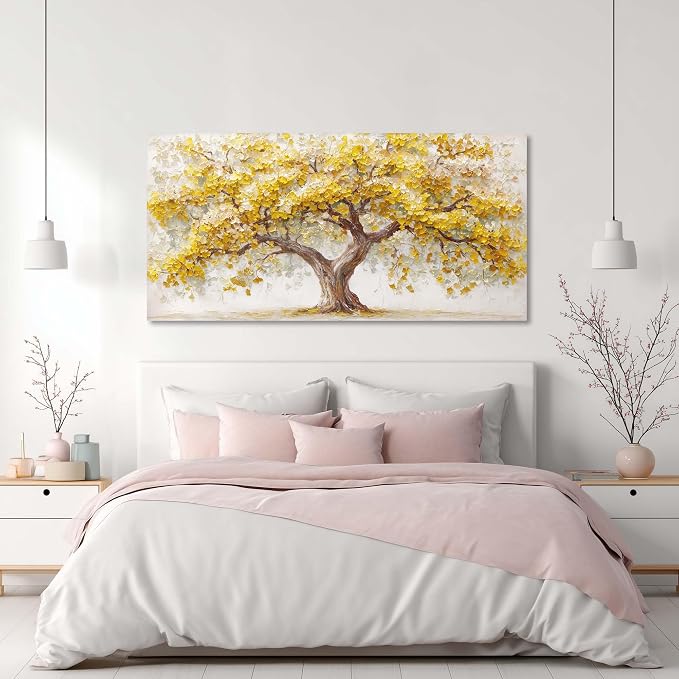 Ggaafet Yellow Ginkgo Tree Wall Art for Living Room Canvas Oil Painting Prints Beautiful Tree of Life Art Deco Modern Artwork Office Bedroom Family Dining Room Decor Extra Large