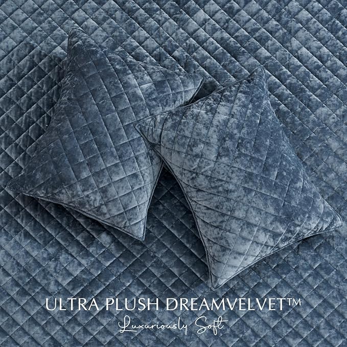 EVERGRACE Luxury Velvet Quilt Set King Size, Diamond Quilted Lightweight Velvet Comforter for All Season, Ultra Soft Oversized Bedspread Coverlet Bedding Set with 2 Pillow Shams, Stormy Blue | Luxe Velvet