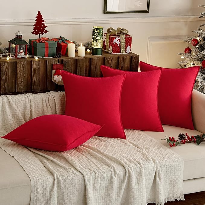 MIULEE Decorative Linen Pillow Covers 20x20 Inch Red Boho Farmhouse Neutral Couch Throw Pillows for Bed Pack of 2 Accent Modern Pillowcase Sofa Livingroom Home Decor