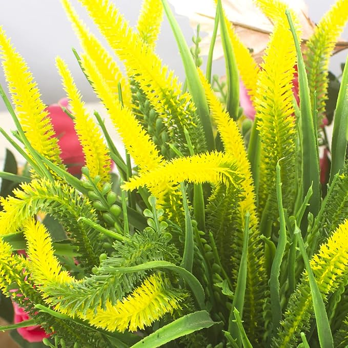 Grunyia 10 Bundles Artificial Plants Outdoor Fake Grass with Flowers UV Resistant Greenery Garden Porch Window Box Decorating (Yellow)