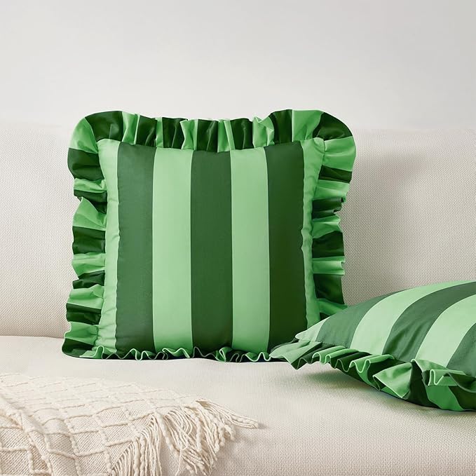 MONDAY MOOSE Decorative Throw Pillow Covers, Set of 2 Water-Resistant Striped Design with Ruffle Edge for Outdoor/Indoor Use, Pillow Inserts Not Included (18x18 inch, Green/Light Green)