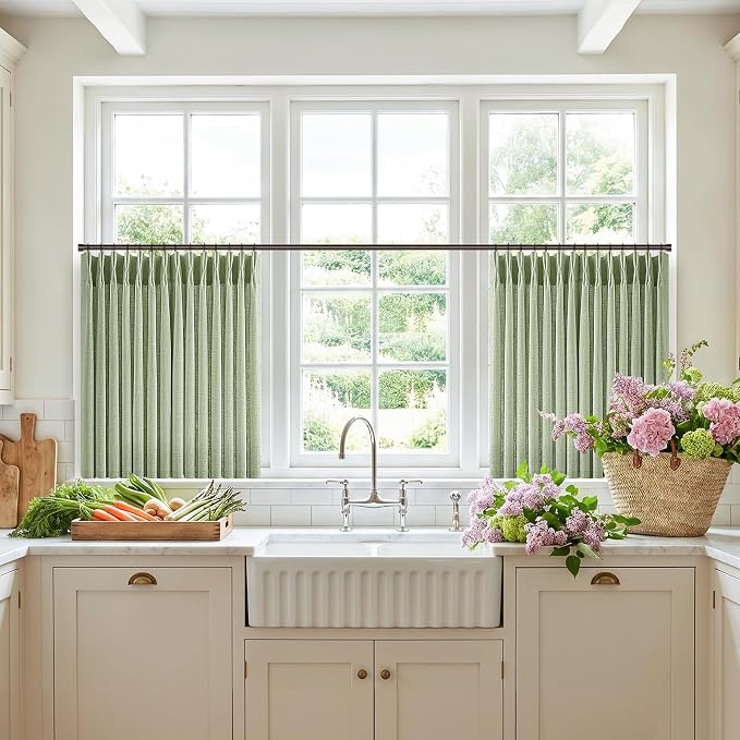 Sage Green Short Pinch Pleated Curtains 24 Inch 2 Panels Boho Country Light Filtering Linen Blend Small Window Curtain for Kitchen Dining Room Semi Sheer Privacy Flax Linen Pleat Drapes 40x24