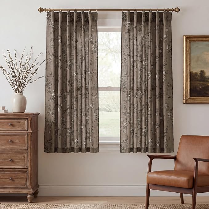 StangH Vintage Floral Curtains 63 Inches, Natural Linen Textured Pattern Curtains, Light Filtering Privacy Drapes French Country Short Window Treatments for Bedroom, Khaki, W52 x L63, 2 Panels