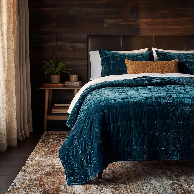 HiEnd Accent Stella Faux Silk Velvet Double Box Stitch 3 Piece Quilt Set, Queen Size, Teal Solid Color, Classic Chic Modern Rustic Elegant Bedding Set, Lightweight Bed Set
