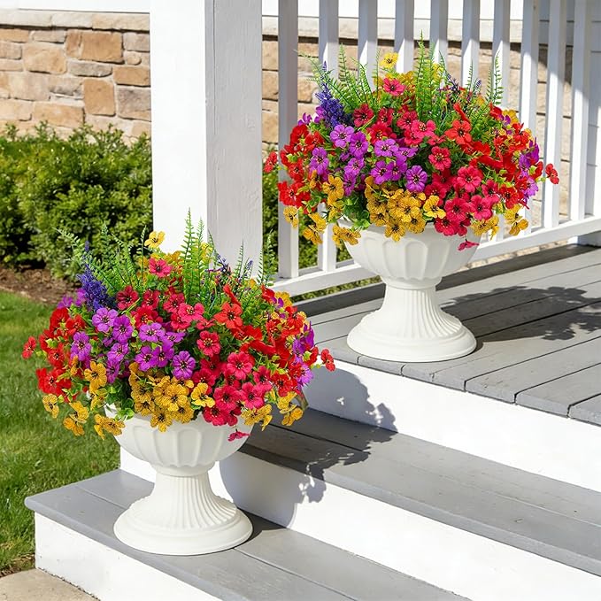 Artificial Fake Flowers for Outdoor UV Resistant,16 Bundles Silk Outside Plants Decoration for Hanging Planters, Daisy Eucalyptus Faux Flower Spring Summer Garden Yard Patio Balcony Home