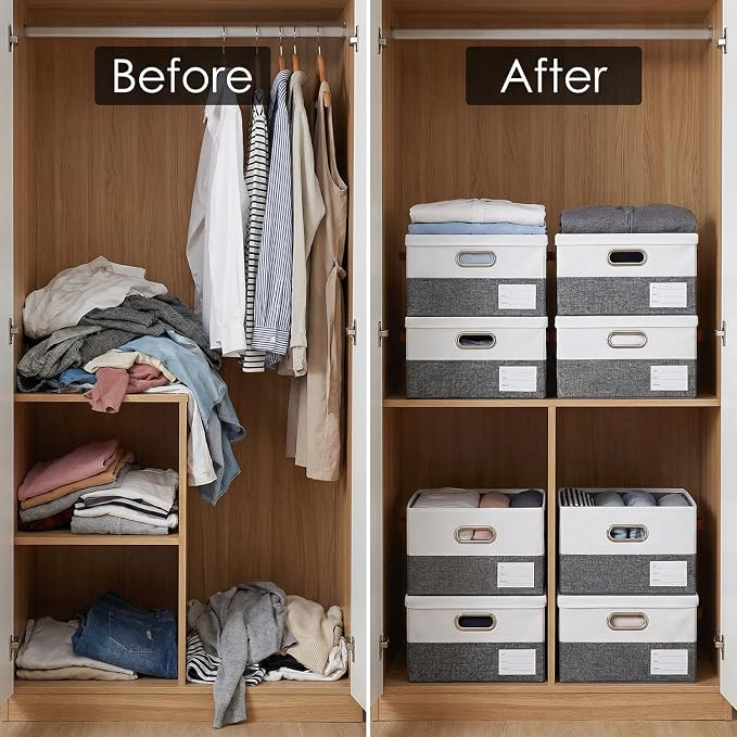PRANDOM Storage Bins with Lids [3-Pack] Linen Fabric Foldable Storage Boxes Organizer Containers Baskets Cube with Cover for Bedroom Closet Office Grey&White（11.4X8.6X6.7
