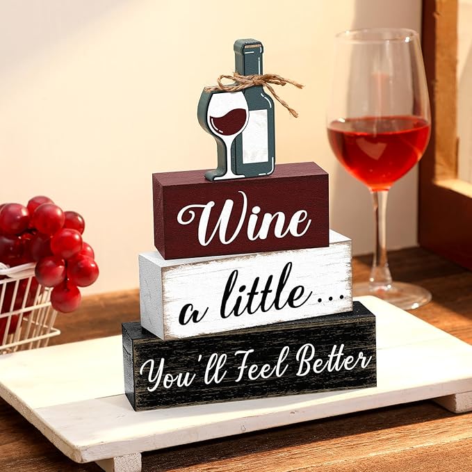 Marsui 4 Pcs Wine Tabletop Decor Rustic Coffee Bar Tiered Tray Decor Decorative Wood Wine Bottle Block Sign Gift Wooden Farmhouse Table Centerpiece for Home Party Shelf Desk Decoration