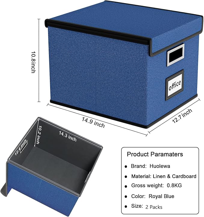 Decorative File Organizer Boxes Office Document Storage with Lids, Portable Collapsible Linen Hanging Filing & Storage Boxes for Office/Decor/Home (Royal Blue) -14.9 x 12.7 x 10.8 inch -4 Pack