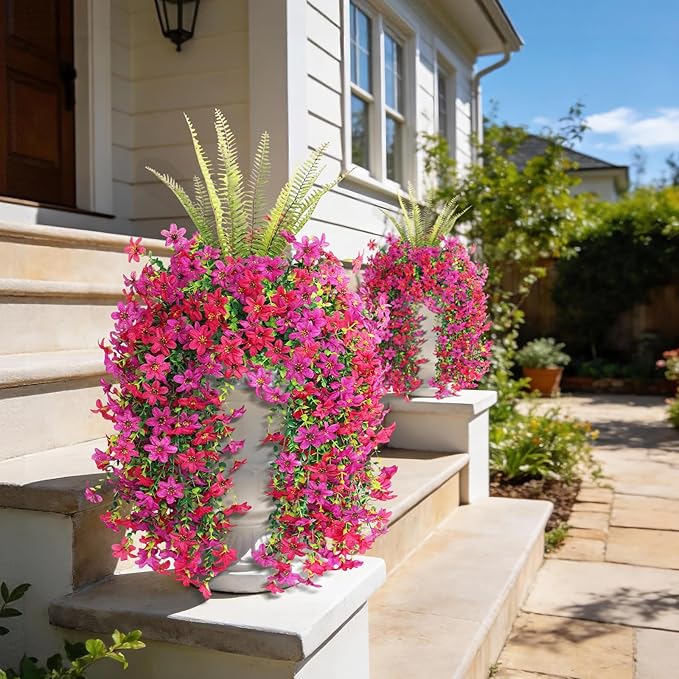 Artificial Fake Flowers Plants for Outdoor Decoration,3 Pcs Faux Hanging Flowers with Boston Ferns Spring Summer Decor,UV Resistant Realistic Fake Silk Flowers for Planter Balcony Yard Porch Garden