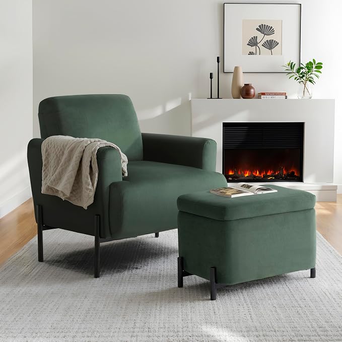 Studio Living Connor 24” Small Storage Ottoman with Reversible Tray Lid, Velvet Upholstered Footrest & Accent Bench, Hidden Storage, Metal Legs, Modern Boho Design, Green
