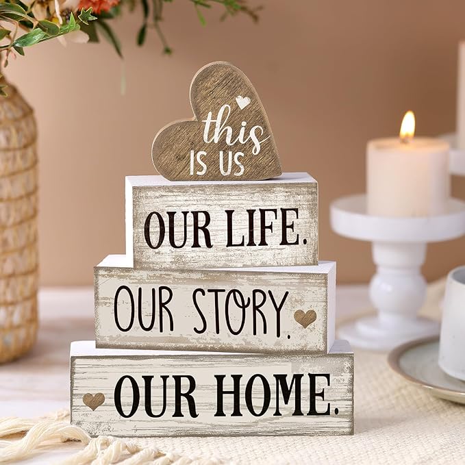 Conelist 4 Pcs Farmhouse Wooden Heart Tabletop Decor Farmhouse Tiered Tray Decor This is Us Centerpiece Decorative Rustic Our Home Block Sign Gift for Home Table Kitchen Shelf Decoration