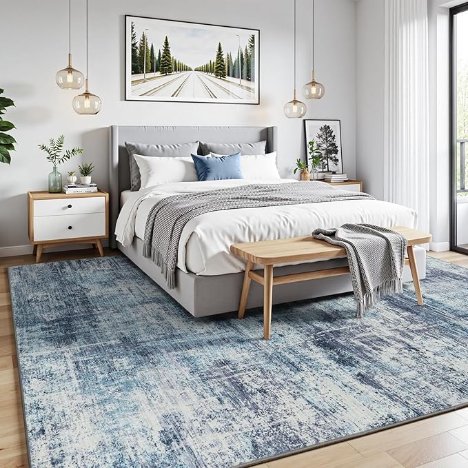 Lofus 8x10 Area Rug for Living Room, Blue Abstract Large Rugs with Non-Slip Backing, Neutral Modern Washable Carpet for Bedroom Dining Room Home Office Nursery Indoor