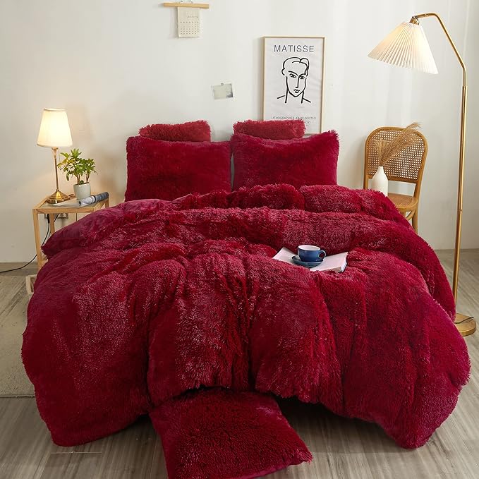 XeGe Plush Shaggy Duvet Cover Set, Luxury Soft Crystal Velvet Fluffy Furry Bedding Sets 3 Pieces(1 Faux Fur Fuzzy Comforter Cover + 2 Fuzzy Faux Fur Throw Pillow Shams), Zipper Closure (King, Red)