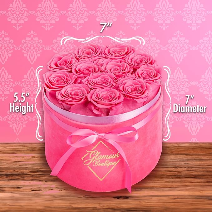 GLAMOUR BOUTIQUE Flower Forever Gift Box, 12 Real Preserved Roses in Round Velvet White Box, Handmade Floral Gift with Rose Petals for Birthday, Anniversary or Graduation, Velvet Pink (Color-Treated)