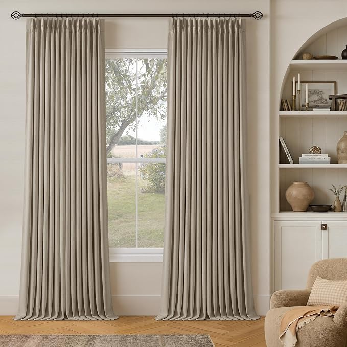 Greige Flax Linen Pinch Pleated Blackout Curtains 86 Inches Long for Bedroom Living Room Darkening 100% Black Out Pinch Pleat Drapes with Liner Farmhouse Neutral 86 Inch Curtain for Dining Room