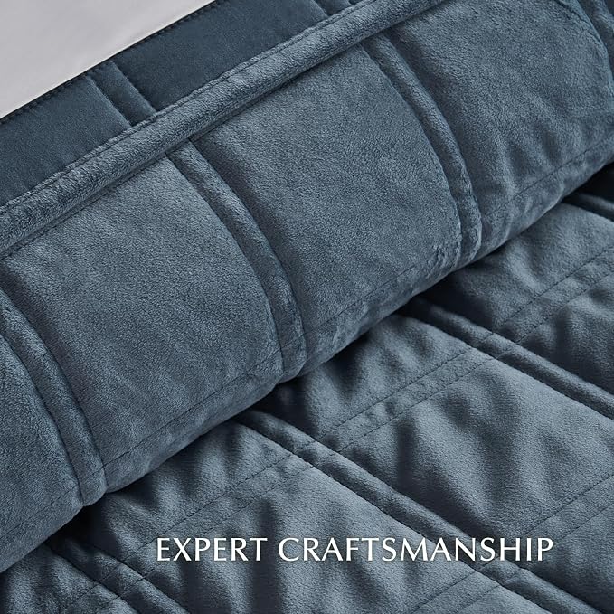 EverGrace 3 Pieces Luxurious Velvet Quilt Queen Size, Ultra Soft Bedspread Coverlet Set, Double Box Stitch Lightweight Velvet Comforter for All Season with 2 Shams, Stormy Blue, 92"x96"
