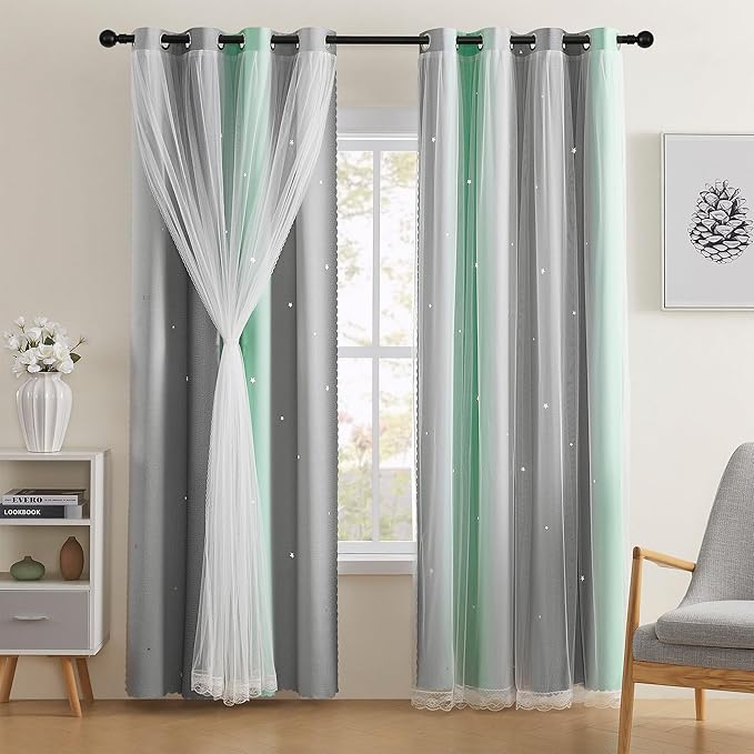 XiDi Girls Curtains for Bedroom 96 Inches Long 2 Panels Green Grey Rainbow Blackout Curtains for Little Girl Kids Room Decor Living Room, Princess Unicorn Wall Decals Grommet Drapes 52x96