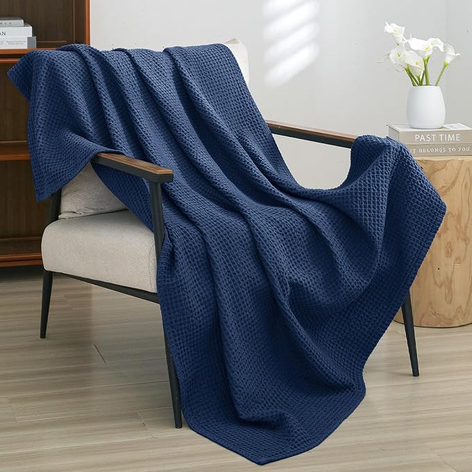 PHF Pre-Washed 100% Cotton Waffle Weave Throw Blanket for Couch, Lightweight Breathable Bed Blanket for Spring Summer, Snag Proof Machine Washable, Home Decor Gift - Navy Blue/Bright Blue
