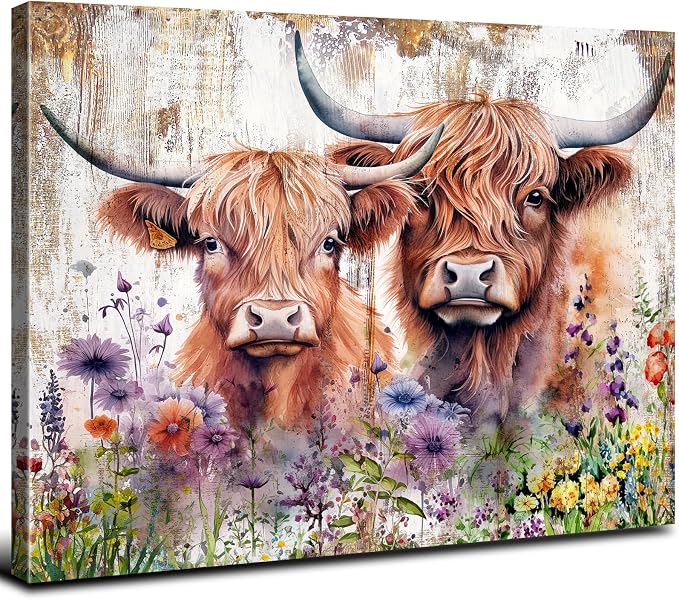 Farmhouse Highland Cow Wall Art Rustic Cow Floral Pictures Wall Decor Western Country Cattle Canvas Print Bathroom Painting Watercolor Animal Wildflower Artwork Kitchen Living Room Nursery Home