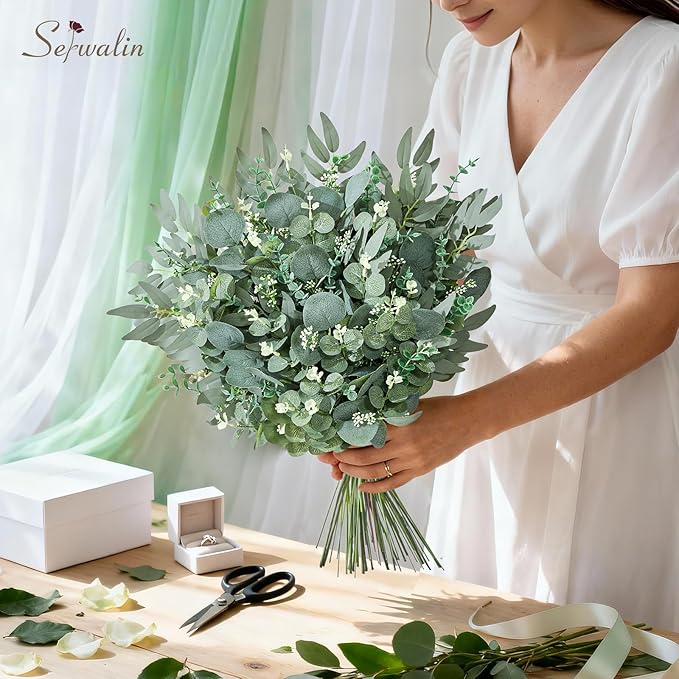 Serwalin 35pcs Artificial Mixed Eucalyptus Stems Leaves Bulk, 4Kinds Fake Greenery Silver Dollar Eucalyptus Leaves Picks,Faux Greenry Stems Sprays for DIY Bouquets Floral Arrangement Home Decor